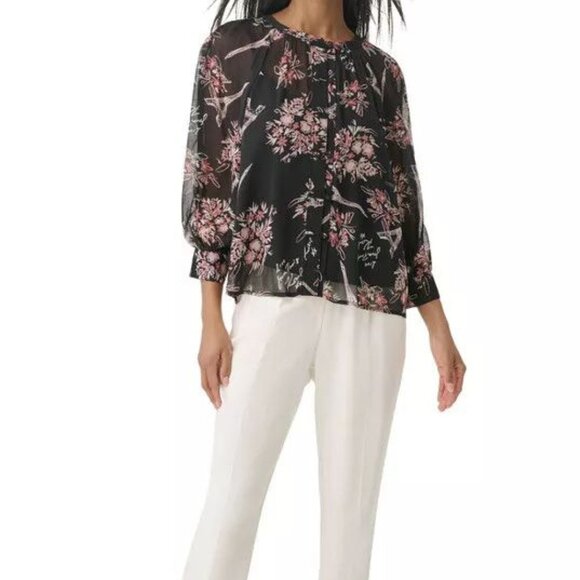 Karl Lagerfeld Paris Signature Eiffel Tower Floral Print Chiffon Blouse in Black - Picture 3 of 16